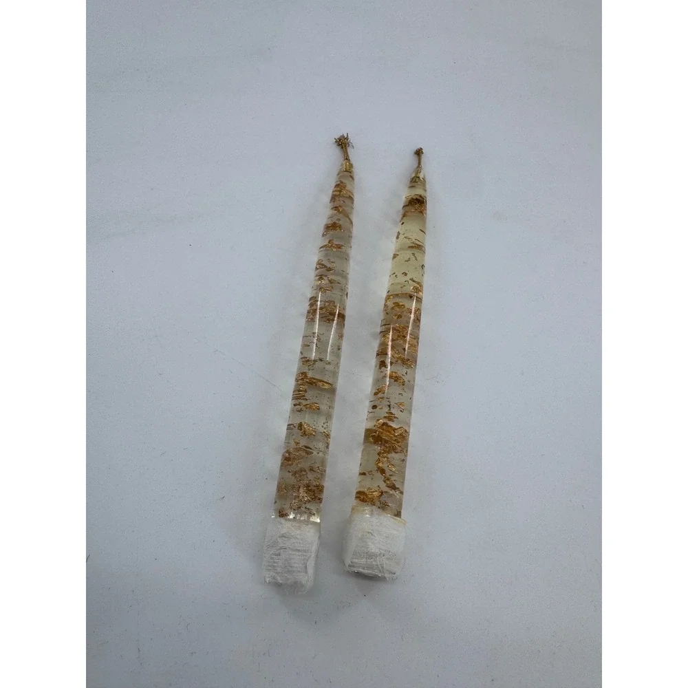 Lucite Taper‎ Candles 8in Clear Gold Leaf Flake Acrylic Set of 2 MCM